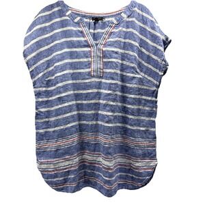 Talbots Womens Linen Top Sz M Blue White Stripe Cap Sleeve Pullover V Neck Beach